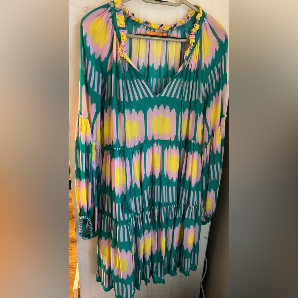 Oliphant Ikat Print Balloon Sleeve Swing Tunic Dress Silk Blend Size Large